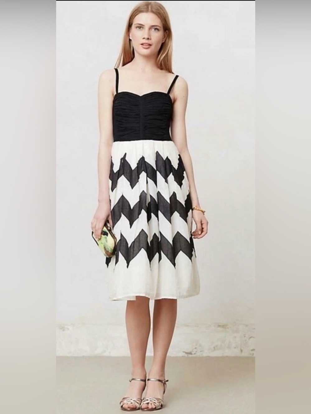 Anthropologie Black & White Midi Dress with Chevron Skirt